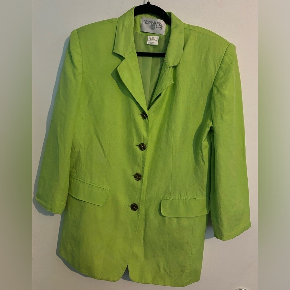 Vintage International Scene Womens Lime Green Linen Blend 3/4 Sleeve‎ Blazer 14